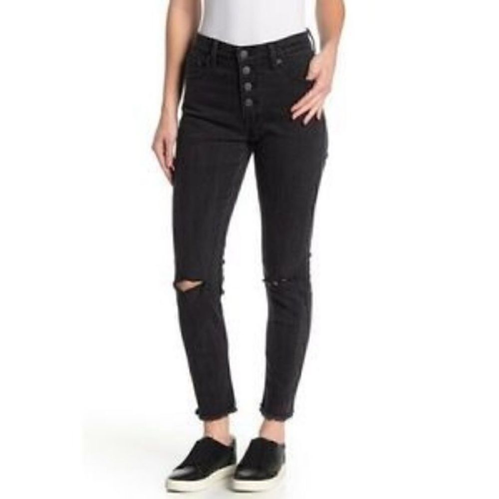 High-Rise Black Skinny Jeans with Knee Distress